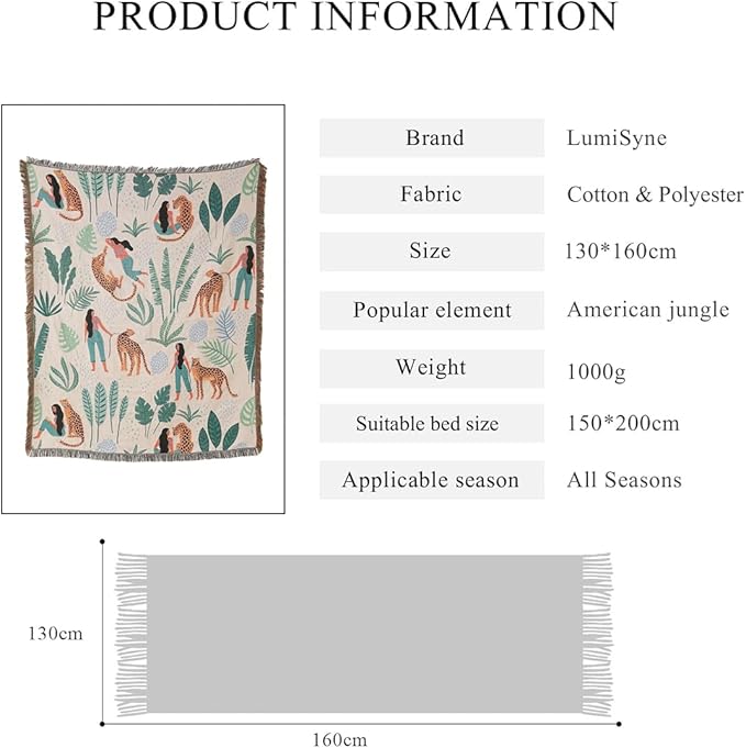 Double-Sided Cotton Woven Throw Blanket with Tassel Jungle Bohemian Style Tapestry Shawl Multi-Function Decorative Throws for Sofa Bed Armchair Camping Blanket Tablecloth Carpet 160x130cm