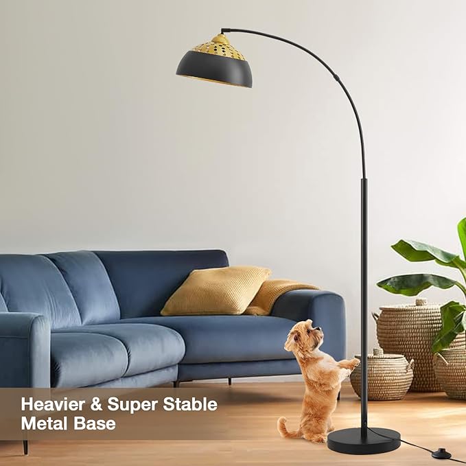 Luvkczc Arc Floor Lamps for Living Room, Black Standing Lamp with Adjustable Hanging Metal Hollow Shade, 71" Tall Pole Lamp with Foot Switch, Over Couch Arched Reading Light for Bedroom, Office