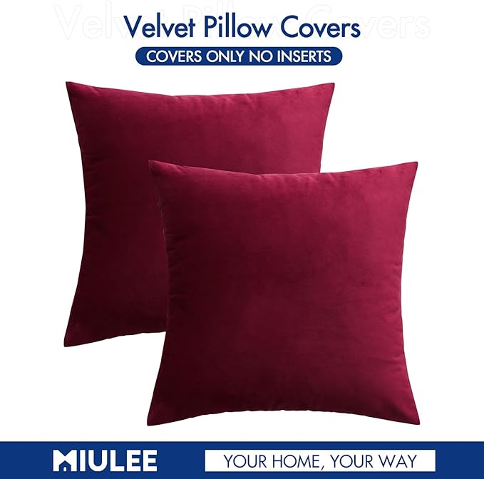 MIULEE Pack of 2 Velvet Pillow Covers Christmas Decorative Square Pillowcase Soft Solid Wine Red Cushion Case Home Decor for Sofa Couch Bedroom Car 22x22 Inch