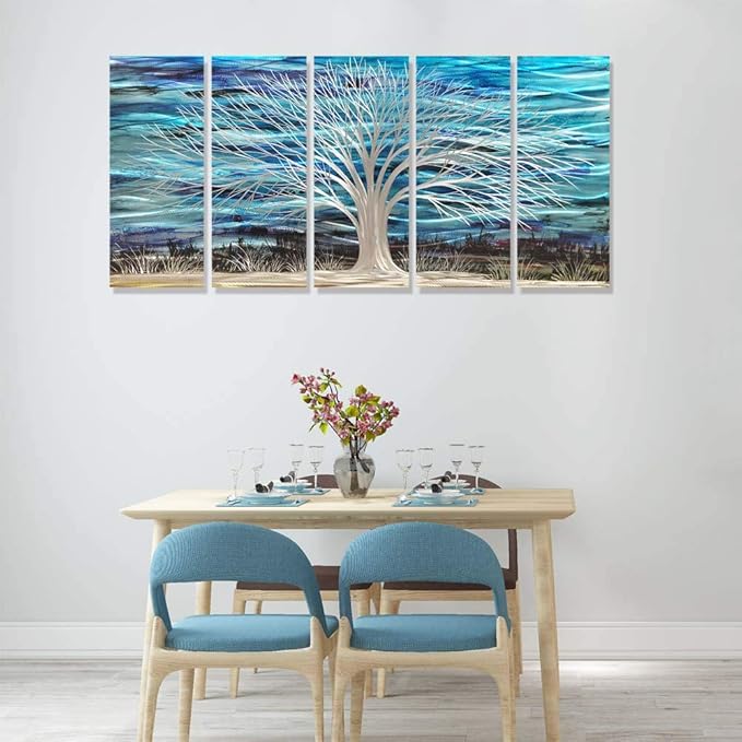 RICHSPACE ARTS 3D Blue Abstract Metal Wall Art Bright Silver Tree Metallic Artwork on Aluminum for Living Room Large Modern Sculpture Decor for Bedroom Entryway