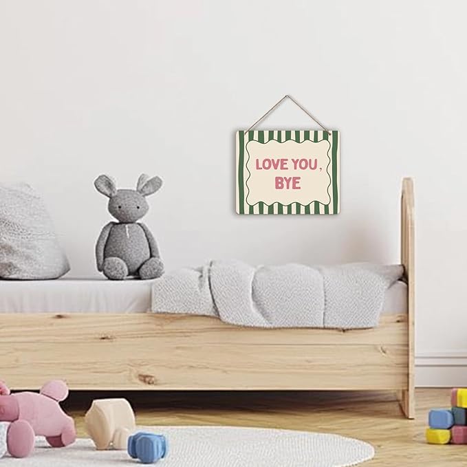 Udinaz Love You Bye Hanging Sign, Girls Room Wall Decor, Trendy Preppy Green Striped Aesthetic Hanging Wood Plaque Decor for Girly Bedroom Dorm Apartment Wall Door Decorations