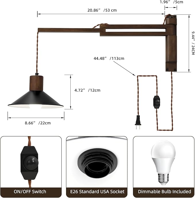 Wood Plug in Wall Sconces, Swing Arm Wall Lamp with Dimmable On Off Switch, Vintage Wall Mounted Light Fixture with Cord for Bedroom Nightstand Bedside Reading Lamp - Bulb Included