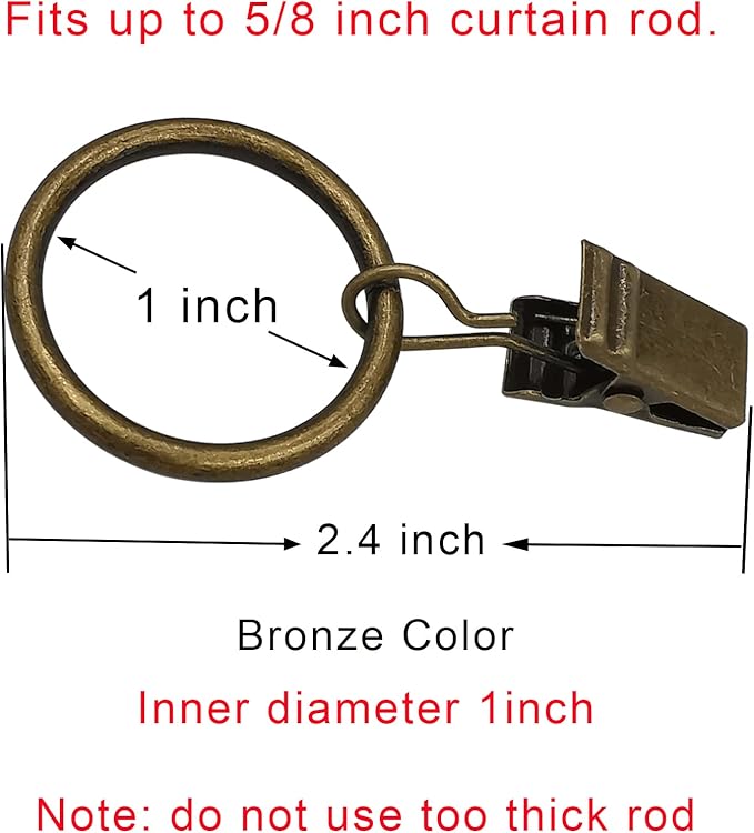 100 Pack Curtain Rings with Clips, Curtain Clip Rings Hooks, Bow Hanger Clips for Hanging Drapery Drapes Bows, Ring 1 inch Interior Diameter, Fits up to 5/8" Rod, Bronze