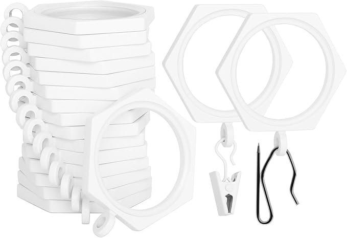 BlastHome® Luxury Curtain Rings - Premium Metal with Quiet, Smooth Nylon Inserts - Pinhooks and Clips Included - 1 1/2" Inside Diameter - 18 Rings for Two Standard Curtains - White