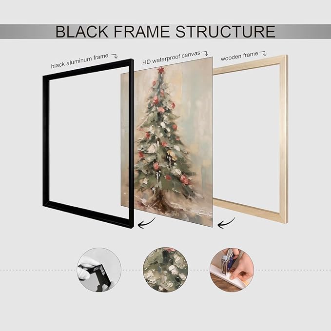Winter Christmas Tree Wall Art Vintage Nature Botanical Pine Poster 12x16 inch Black Framed Forest Cottagecore Canvas Painting Prints for Living Room Office Wall Decor