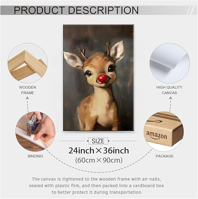 Christmas Reindeer Wall Art Winter Cute Whimsical Animal Canvas Poster 24x36 inch Framed Vintage Red Nose Deer Painting Prints for Rustic Living Room Bedroom Wall Decor