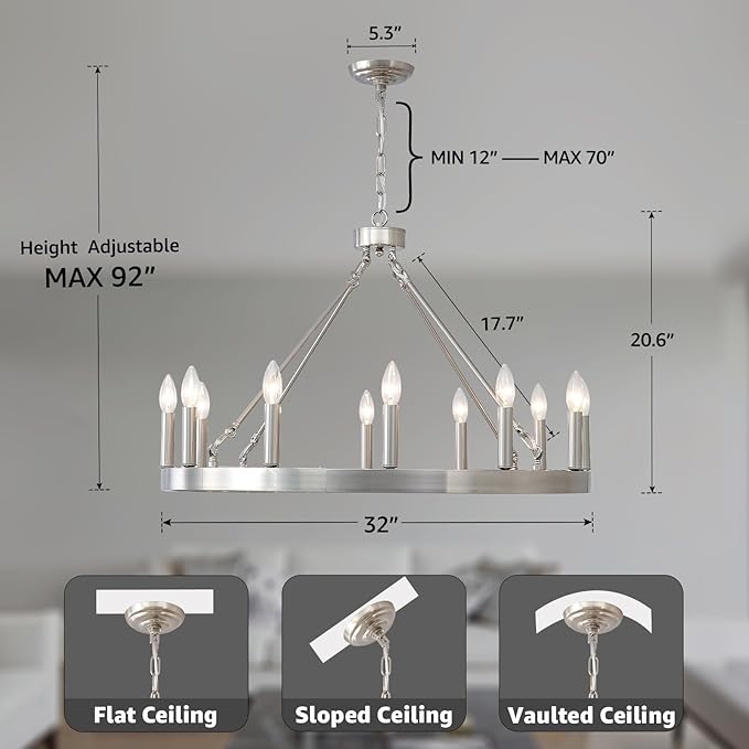 32" Silver Wagon Wheel Chandelier, 12-Light Farmhouse Brushed Nickel Wagon Wheel Chandelier for Dining Room, Modern Round Candle Chandeliers Light Fixture for Living Room, Foyer, Entryway, E12