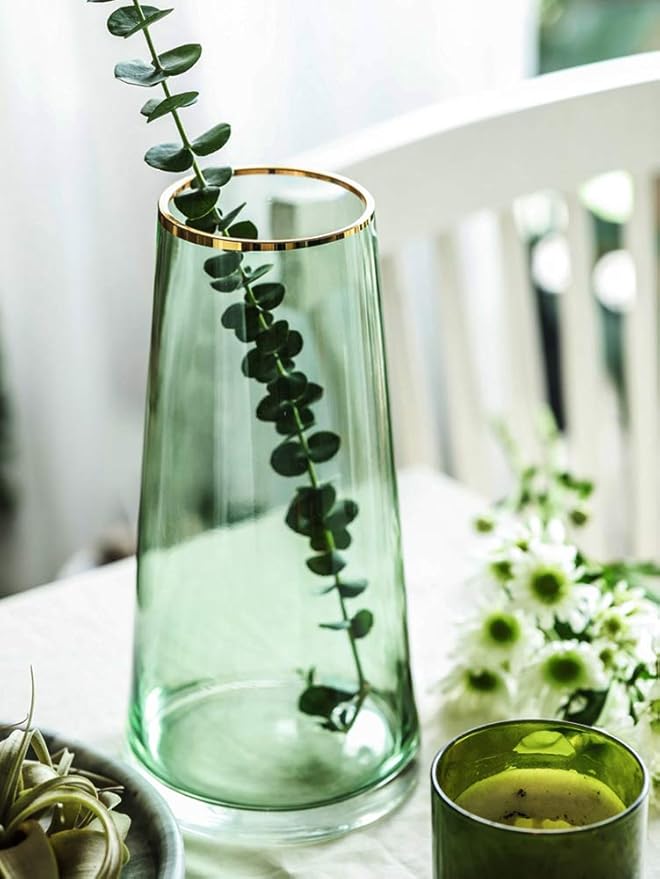 10“ Green Glass Vase with Gold Mouth for Centerpieces Home Wedding Decoration
