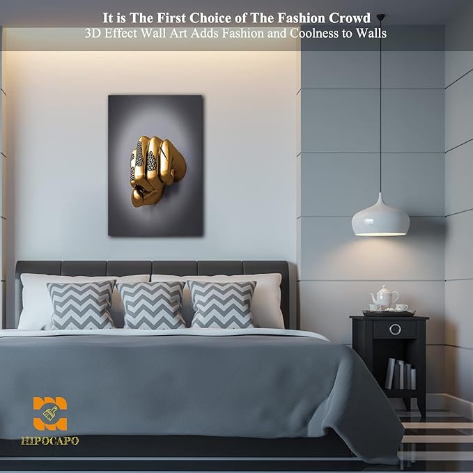 3D Wall Art - Abstract 3D Metal Effect Canvas Wall Art, 3D Modern Large Wall Art for Office, Golden Boxer Gesture 3D Art Wall Decor for Modern Bedroom Decor Framed 12”x18”x1Pcs