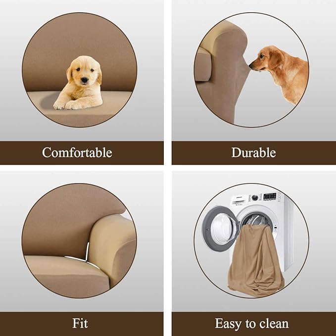 Easy-Going 2 Pieces Microfiber Stretch Sofa Slipcover – Spandex Soft Fitted Sofa Couch Cover, Washable Furniture Protector with Elastic Bottom Kids, Pet (Loveseat, Camel