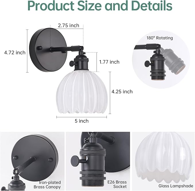 Vintage Battery Operated Wall Sconce with White Tulip Glass Lampshade Rechargeable Battery Powered Black Wall Light with Remote Control for Bedside Bedroom Doorway, Set of 2