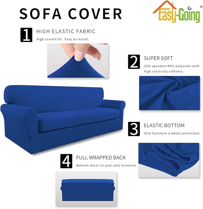 Easy-Going 2 Pieces Microfiber Stretch Sofa Slipcover – Spandex Soft Fitted Sofa Couch Cover, Washable Furniture Protector with Elastic Bottom Kids,Pet (Oversized Sofa, Classic Blue)