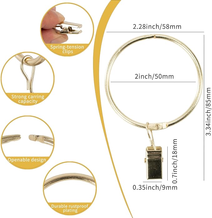 Openable Curtain Rings with Clips,2inch Inner Diameter,Heavy Duty Rustproof Metal Decorative Vintage Drapery Rings Curtain Clips Rod Hangers Door Curtain and Shower Curtain Rings Gold Zocang
