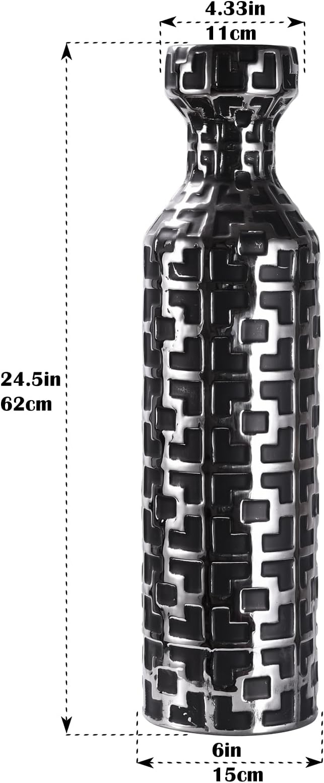 24.4 Inch Tall Floor Vase - Ceramics Black Vases with Silver Geometric Patterns, Large Cylinder Vases, Modern Home Decor for Living Room, Entryway, or Indoor Spaces