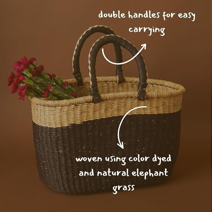 Black Block Picnic Basket, Reusable Grocery Bag, Farmers Market Tote, Shopping, Fruit Picking, Harvesting, Foraging, Kitchen Countertop, Decorative, Wicker, Woven