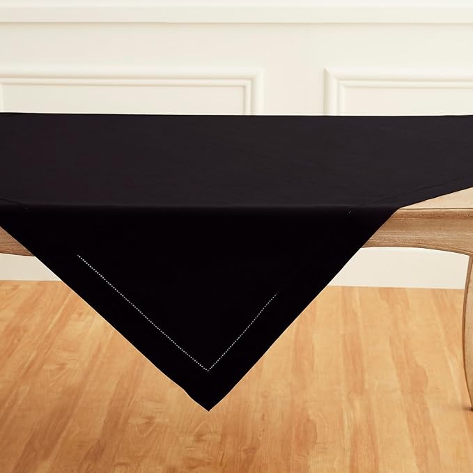 Solino Home Black Linen Tablecloth 52 x 52 Inch - 100% Pure Linen Square Table Throw - Classic Hemstitch, Machine Washable Table Cloth for Fall, Autumn, Winter, Thanksgiving, Holiday