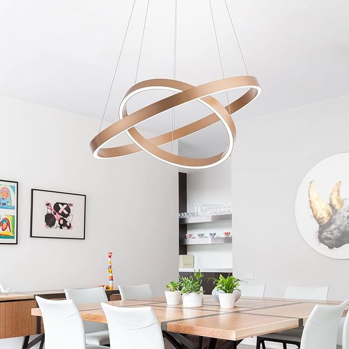 MADEM Modern LED Chandelier 2-Ring Circular Dimmable Pendant Light Contempoary Chanderlier Flush Mount Pendant Lighting for Living Room Dining Room, Bedroom,3000K-6000K, Gold, 60W