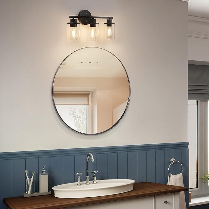 EDISHINE Bathroom Light Fixtures, 3 Light Bathroom Vanity Light, Matte Black Bathroom Lights Over Mirror with Clear Glass Shade for Bedroom Powder Room Vanity Table Kitchen (E26 Base)