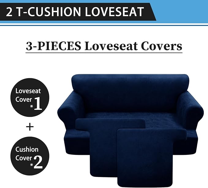 3-Pieces T Cushion Loveseat Slipcovers Leather Look Couch Cover Loveseat Covers for 2 Cushion Couch Furniture Protector Stretch Sofa Cover with 2 Individual T Cushion Seat Covers, Navy