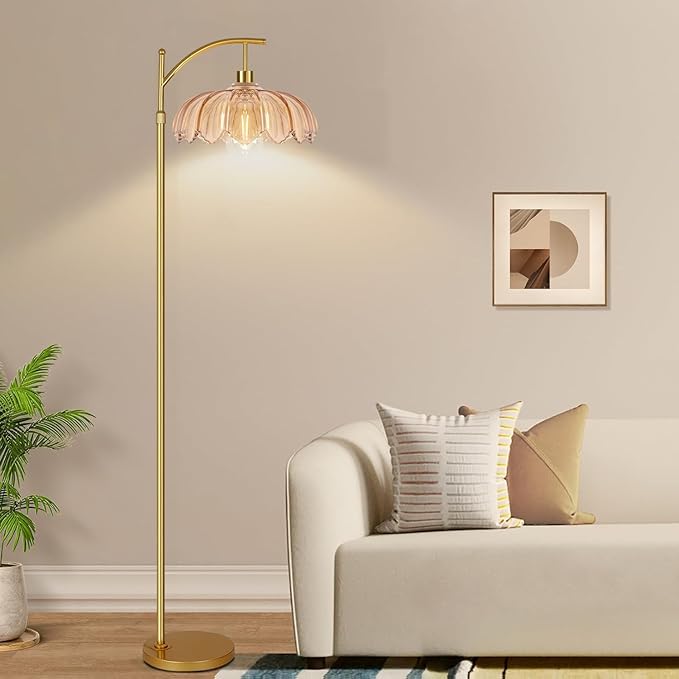 Floor Lamp for Living Room,Bedroom,Gold Dimmable Standing Lamp with Remote,Mid Century Modern Brass Retro Vintage Glass Tall Floor Light Boho Bohemian