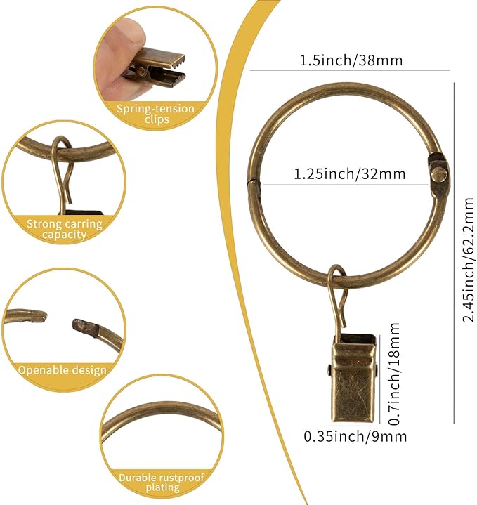 Openable Curtain Rings with Clips,1.25inch Inner Diameter,Heavy Duty Rustproof Metal Decorative Vintage Drapery Rings Curtain Clips Rod Hangers Door Curtain and Shower Curtain Rings Bronze Zocang
