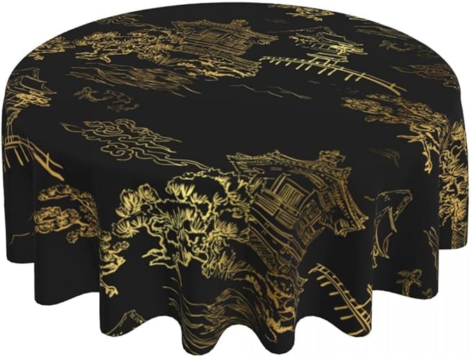 Japanese Tablecloth, Black Golden Traditioanal Chinese Landscape Oriental Vintage Water Resisitant Wipeable Table Cover for Dining Kitchen Living Room Home Party Holiday Decor 60 inch Round