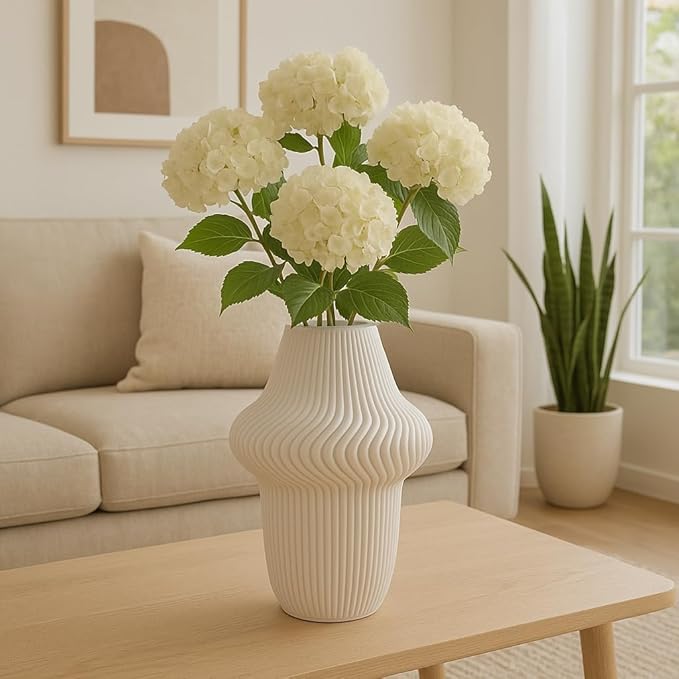 Texture Ceramic Vase for House Decor - 3D Printed Design, Perfect as a Flower Vase for Bedroom, Table, and Office Display - Modern Sculpted Home Accent for Room and Living Room Decor Ivory (14 Inch)
