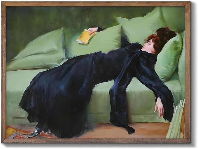 XOCUUI Vintage Moody Wall Art Poster, Roman Casas Young Woman On Green Sofa Canvas Wall Art, Antique Famous Victorian Female Oil Print Painting, Moody Wall Decor 8x10in Unframed