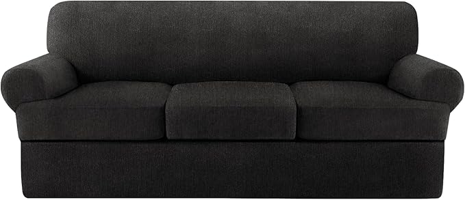T Cushion Sofa Slipcover 4 Pieces Sofa Covers for T Cushion Couch Soft Sofa Slip Covers Furniture Protector with 3 Individual T Shape Seat Covers (Black, 3 Cushions)