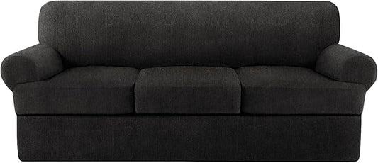 T Cushion Sofa Slipcover 4 Pieces Sofa Covers for T Cushion Couch Soft Sofa Slip Covers Furniture Protector with 3 Individual T Shape Seat Covers (Black, 3 Cushions)