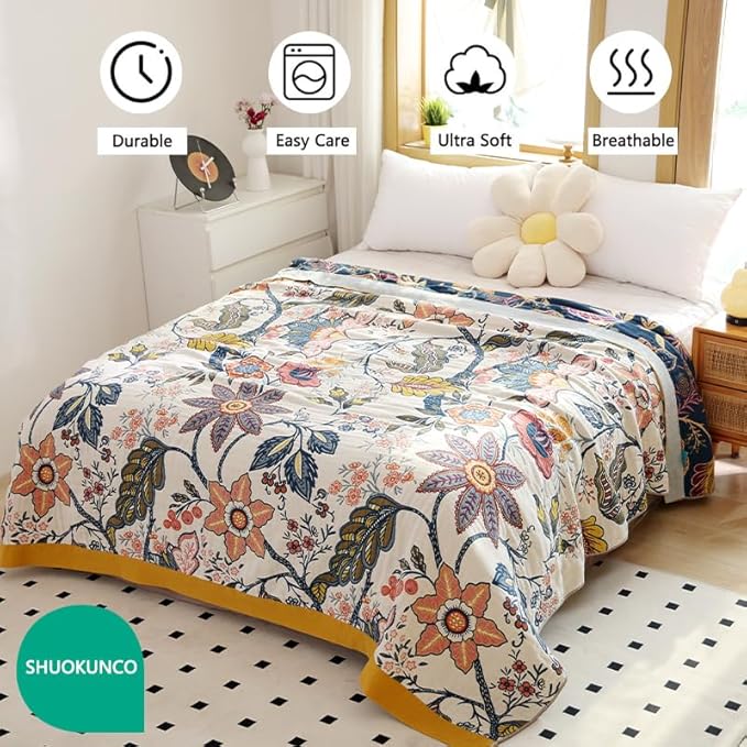 Boho Throw Blanket for Bed 100% Cotton Ultra Soft Rustic Quilt Fall Blanket Bird Floral Printed Farmhouse Decor Bed Blankets,80"×90" All Season Rustic Throw for Sofa Couch Chair