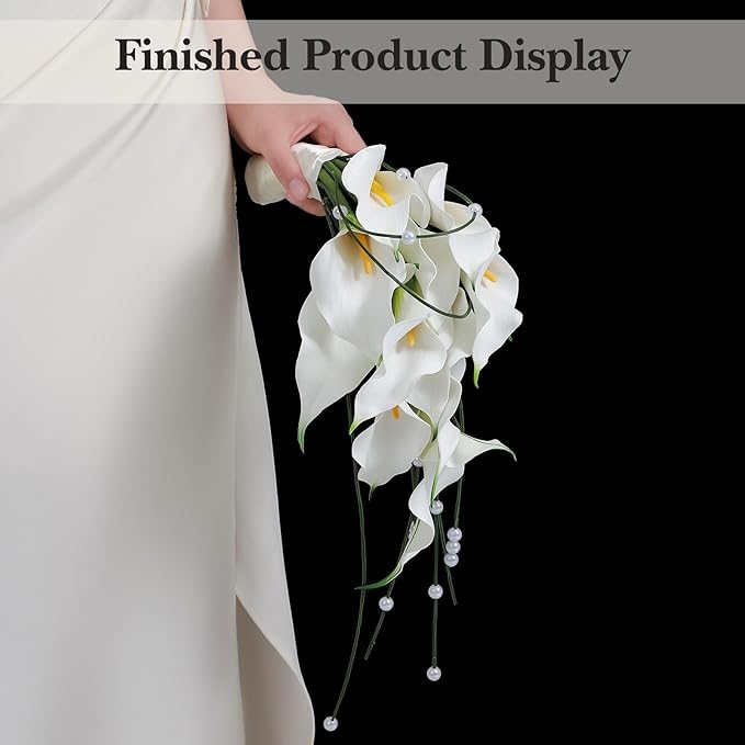 Bridal Bouquet:9 Stems White Calla Lily Pearl Bouquet EVA Real Touch-Wedding Bouquet for Bride/Bridesmaid (1, Material Kit)