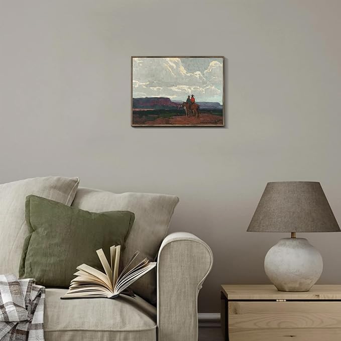 XOCUUI Western Cowboy Unframed Canvas Wall Art Vintage Print Oil Paintings, Horse Rider At Sunset Print Rustic Mountain Landscape Painting, Mid Century Antique Moody Retro Artwork Wall DéCor(8"X10")