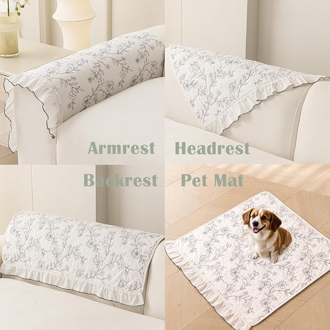 Couch Cover for 1 Cushion, Cotton Boho Floral Sofa Slipcovers for Armrest Headrest, Non-Slip Armchair Couch Covers, Recliner Couch Protector for Pet Washable (1PC, White and Black, 36"X36")