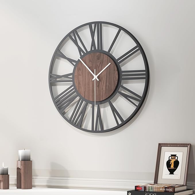 Modern Wall Clocks for Living Room, 16 inch Wood Walnut Dial Decorative Wall Clock Battery Operated, Non Ticking Silent Big Round Black Metal Clock, Bedroom, Kitchen, Office Decor-Roman Numerals