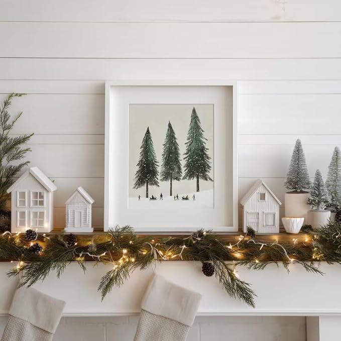 OZCONO Minimalist Winter Wall Art, Whimsy Forest Scene for Holiday Home Decor, Beige Tone Christmas Wall Decor, Neutral Snowy Tree Noel Art (Unframed) (12x18)