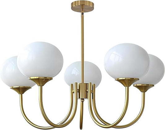 BOKT 5 Light Contemporary Milk White Glass Globe Chandelier Vintage Gold Sputnik Chandelier Light Fixture Adjustable Large Modern Brushed Brass Ball Sputnik Pendant Hanging Light Kitchen Island
