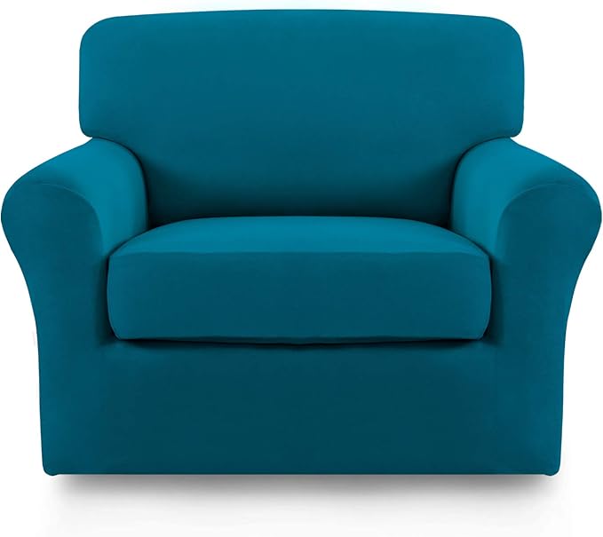 Easy-Going 2 Pieces Fleece Stretch Chair Sofa Slipcover Washable Sofa Couch Cover, Spandex Soft Fitted Furniture Protector, Kids, Pet, Dog (Chair, Peacock Blue)