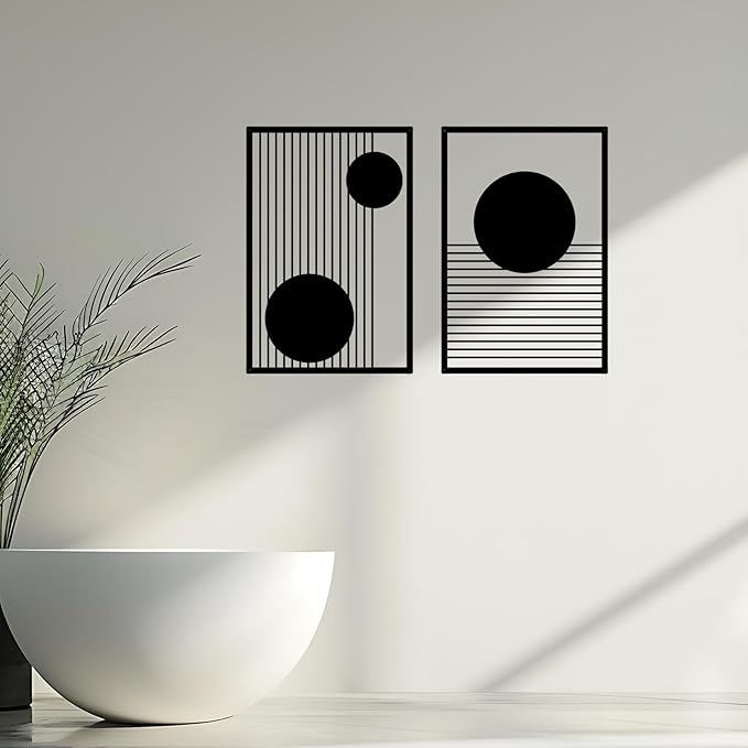 DUOOLN Large 2 Pcs Abstract Metal Wall Art,Black Modern Geometric Wall Decor Hanging,Minimalist Single Line Art Wall Décor Sculptures, Living Room Bedroom Bathroom Office Farmhouse Decoration