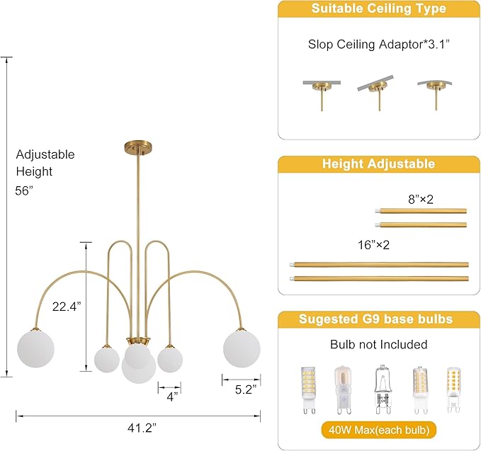Gold Sputnik Chandelier,6 Lights Modern Chandelier for Dining Room Mid Century Chandelier Large L49” Ceiling Pendant Light Fixtures with Milk Glass Globe Shades for High Ceiling Foyer Living Room