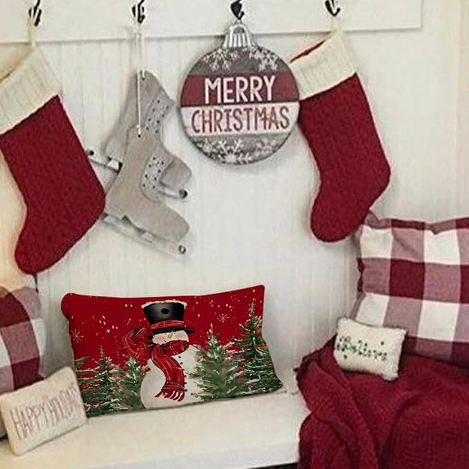 Christmas Pillow Cover 12X20 Colorlife Snowman Tree Snowflake Lumbar Pillow Cover Decorations Throw Pillow Covers Farmhouse Pillows Decorative for Sofa Winter Home Decor
