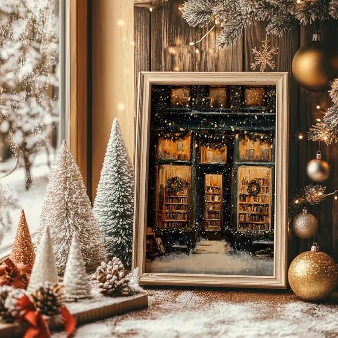 Vintage Christmas Wall Art, Cozy Bookstore Front with Wreaths and Snowy Street, Classic Holiday Winter, Warm Lights Winter Bookshop Painting, Festive Seasonal Christmas Decor (Unframed) (20x30)