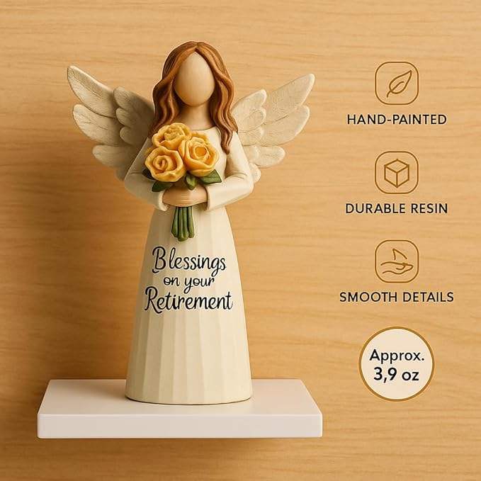 Retirement Angel Figurine, Hand-Painted Resin Keepsake with Yellow Rose – “Blessings on Your Retire ment” Figure, 5.4" Desk Mantel Décor Thoughtful Gift for Coworker Teacher Nurse Women (Retirement)