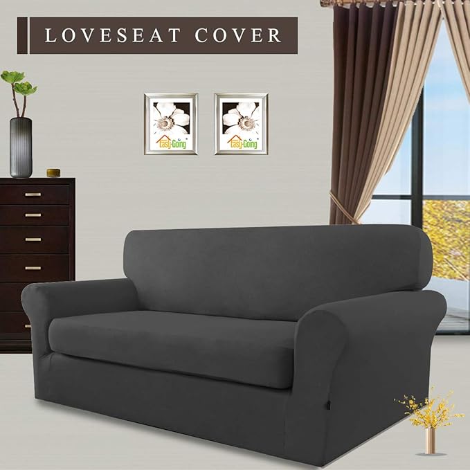 Easy-Going 2 Pieces Microfiber Stretch Sofa Slipcover – Spandex Soft Fitted Sofa Couch Cover, Washable Furniture Protector with Elastic Bottom Kids, Pet (Loveseat, Dark Gray