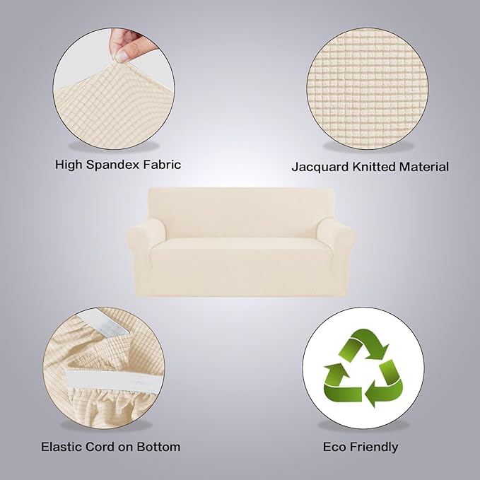 H.VERSAILTEX Stretch Couch Covers for Sofa 1 Piece Slipcovers for Couches and Sofas 3 Seater Couch Cover Feature Thick Checked Jacquard Fabric with Elastic Bottom, 72"-88" Wide, Cream