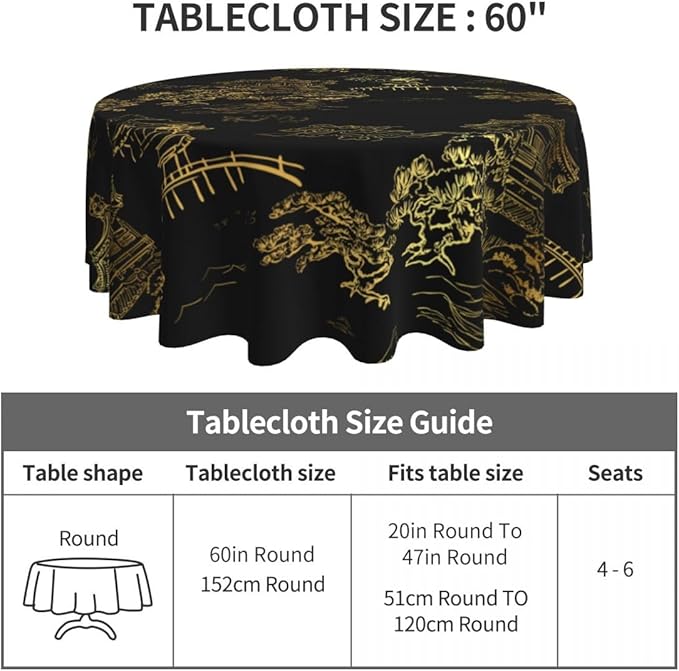 Japanese Tablecloth, Black Golden Traditioanal Chinese Landscape Oriental Vintage Water Resisitant Wipeable Table Cover for Dining Kitchen Living Room Home Party Holiday Decor 36 inch Round