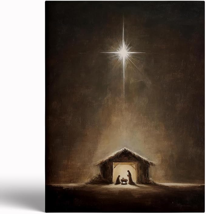 Vintage Style Christmas Manger Art Print:Christian Nativity Scene with Star of Bethlehem,Neutral Holiday Decor,Baby Jesus Artwork