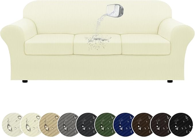 100% WaterproofCouch Cover 4-Piece Set Striped Sofa Slipcovers for 3 Cushion Couch Sofa Covers with TPU Leakproof Bottom Stretch Couch Protector Pet Proof - Sofa(3-Cushion), Beige