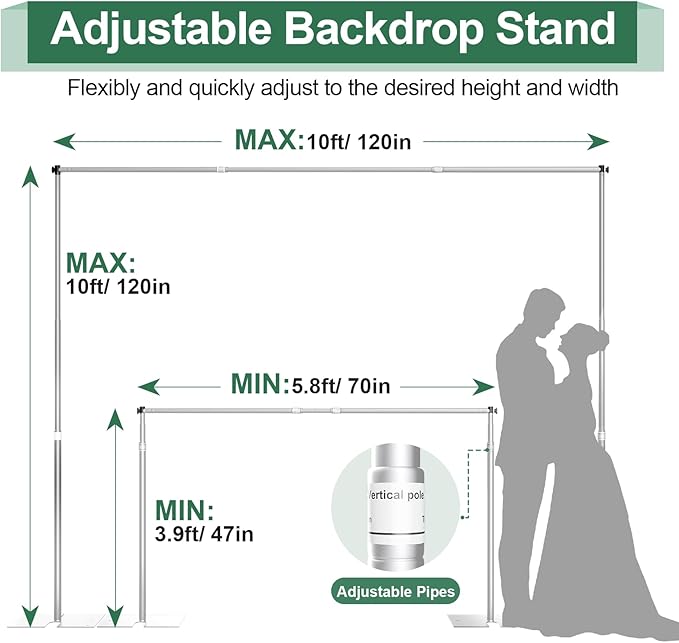 Pipe and Drape Backdrop Stand Kit 10x10ft, Heavy Duty Back Drop Adjustable Stand with Carry Bag, Metal Background Frame for Parties Wedding Birthday Decoration Photography Photo Booth Video - Silver