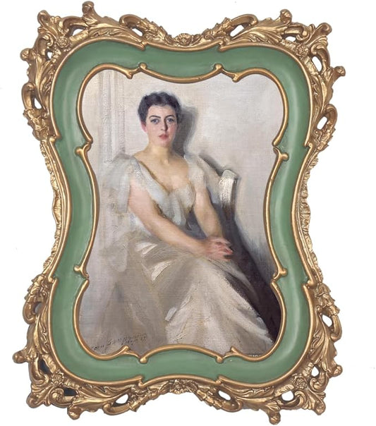 WINPLUS+ 5x7 Vintage Picture Frame, Wall Mount and Tabletop Display, Art Gallery Gift (Green and Gold 5x7)